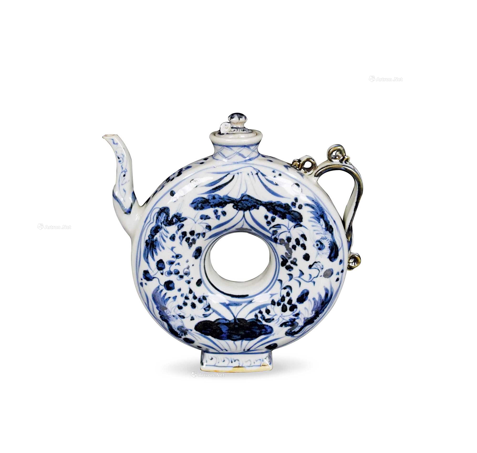 明 青花莲池鸳鸯纹扁壶