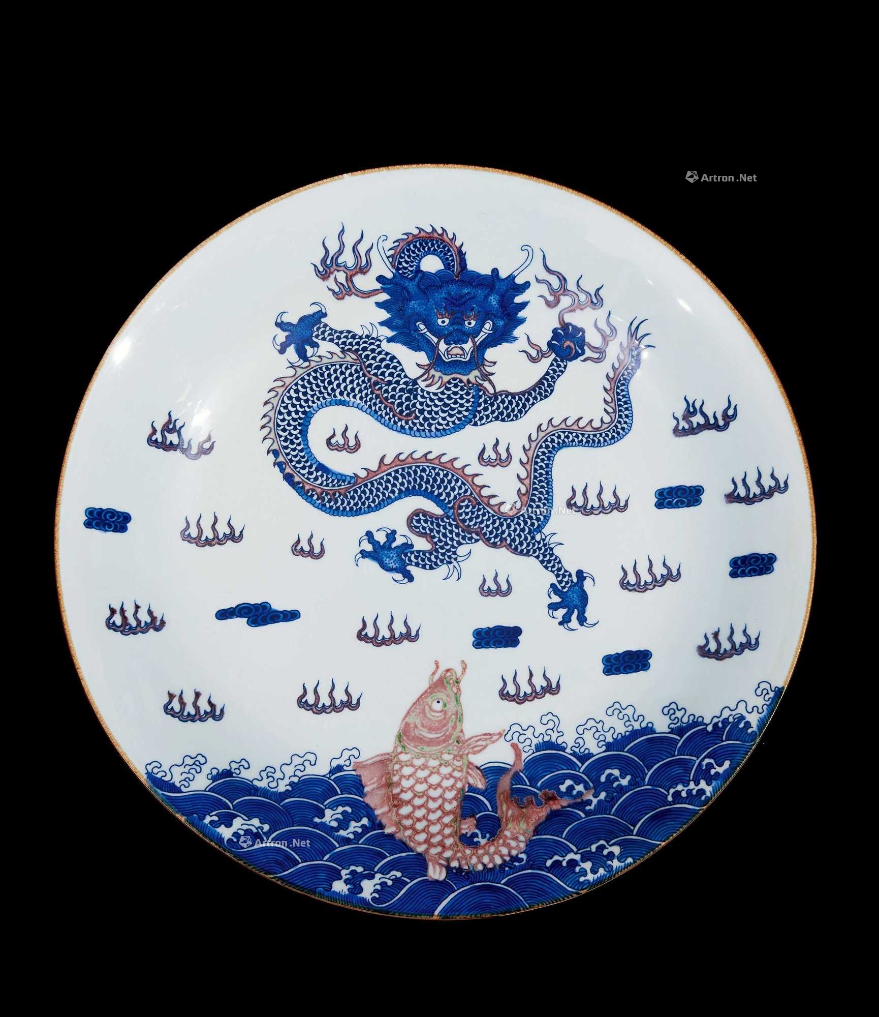 清康熙 青花鲤鱼龙门大盘