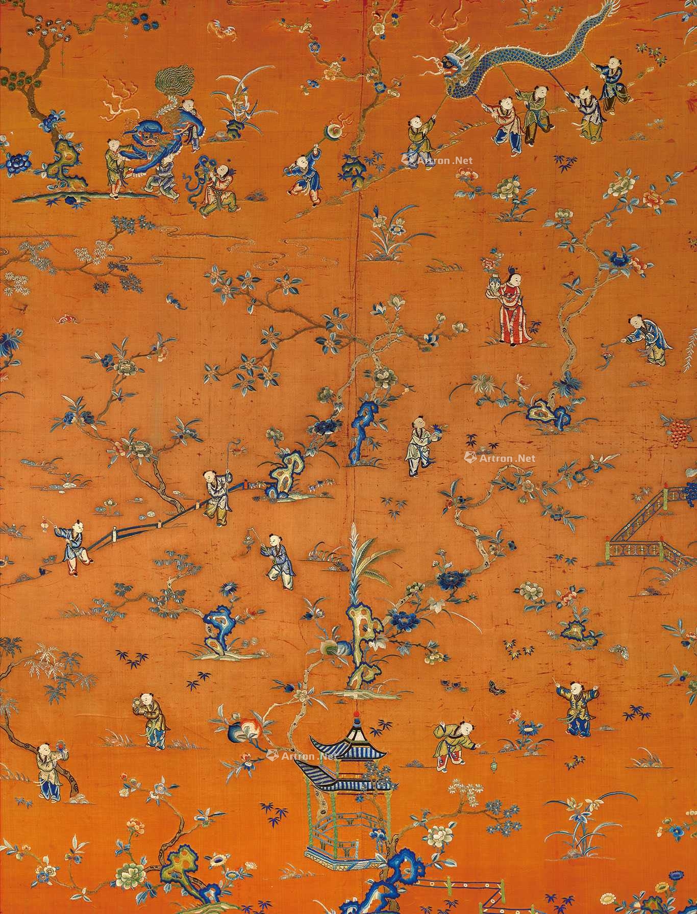 清道光 刺绣百子迎春图