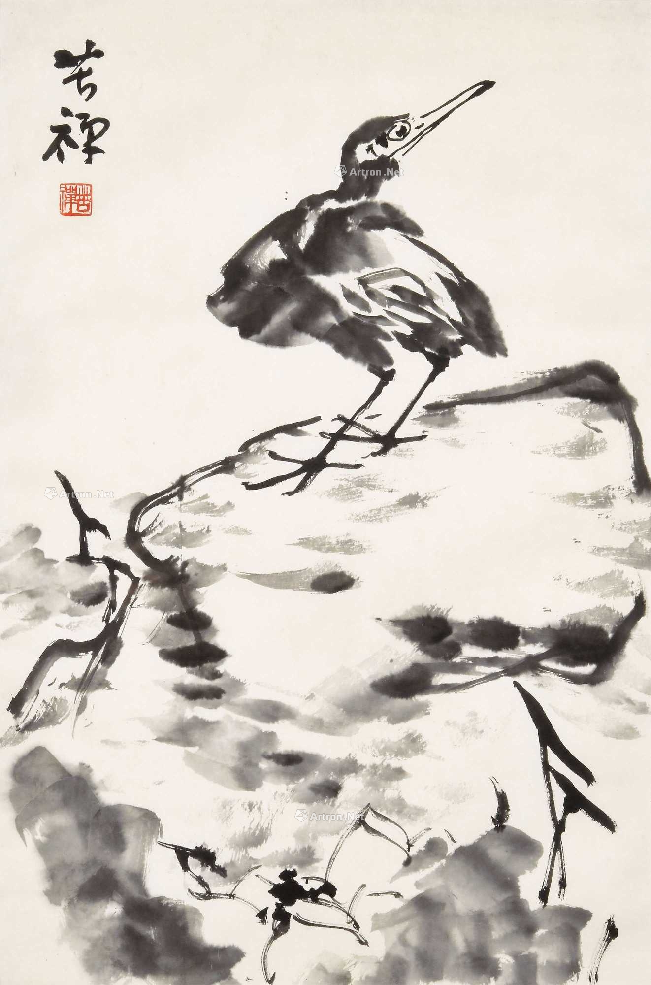 李苦禅 荷石鸬鹚图 镜心